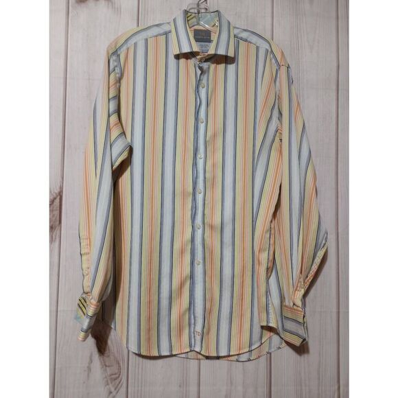 Thomas Dean Shirt Men's Large Yellow Orange Striped Long Sleeve Button Front - Picture 1 of 8